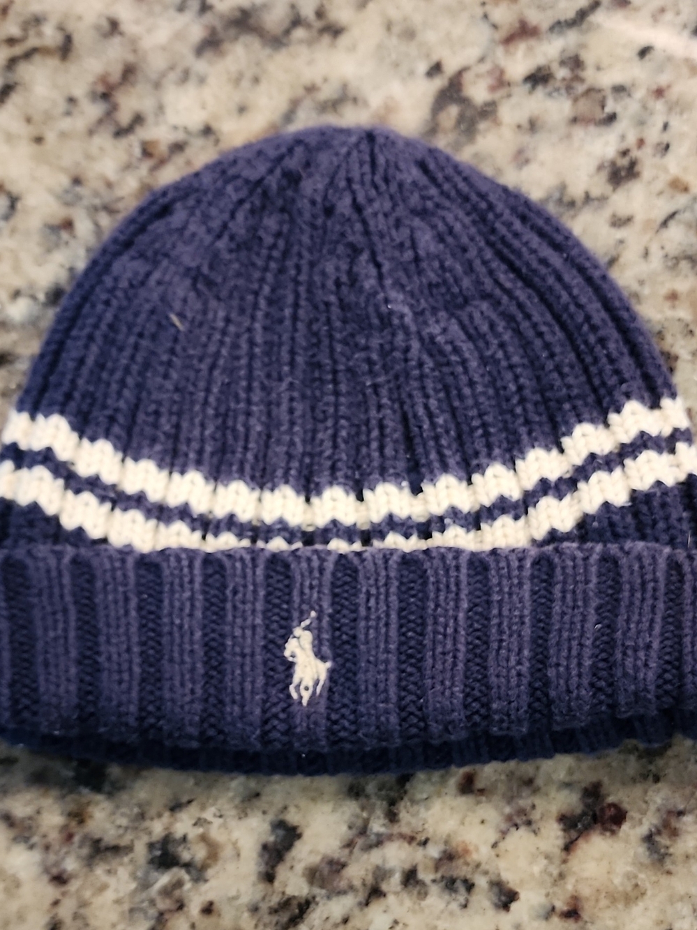 Ralph Lauren Navy and White Knit Beanie Vintage Y2k